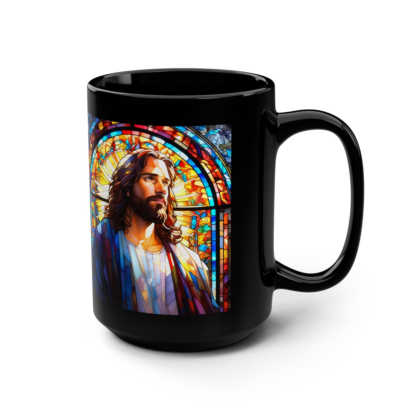 JESUS COFFEE MUG - John 10:9, Jesus Said I AM Stained-Glass Collection, 15 oz, black