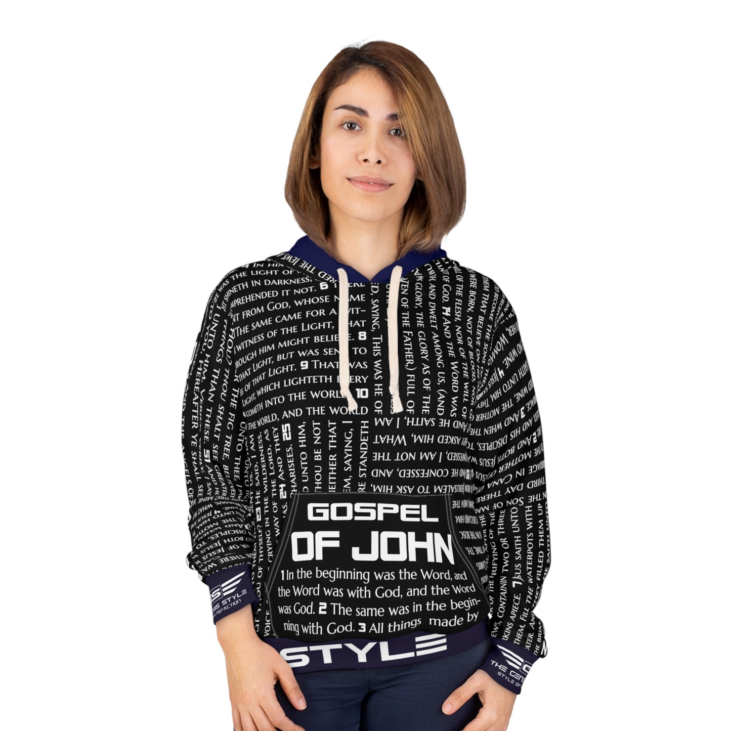 Gospels Pullover Hoodie, in Black Color, with Gospel of John Print, from "Four Gospels" Collection.
