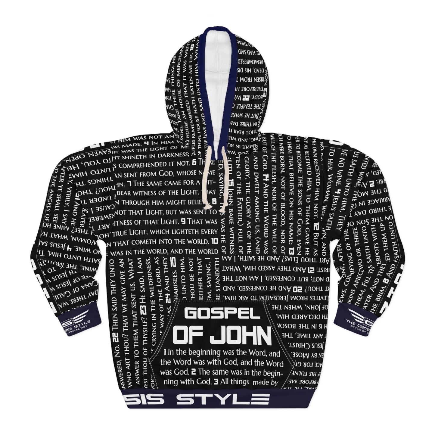 Gospels Pullover Hoodie, in Black Color, with Gospel of John Print, from "Four Gospels" Collection.