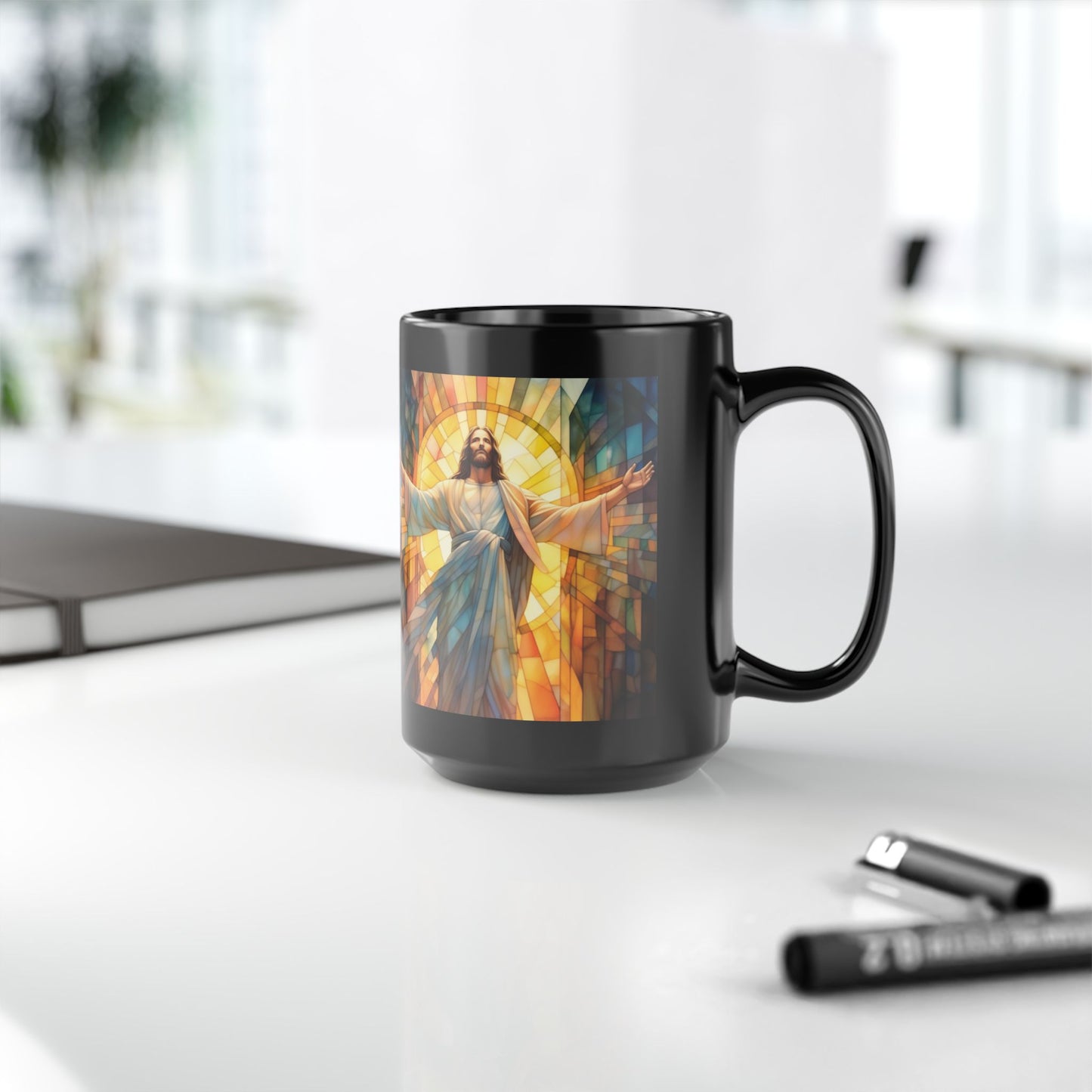 JESUS COFFEE MUG - John 8:12, Jesus Said I AM Stained-Glass Collection, 15 oz, black