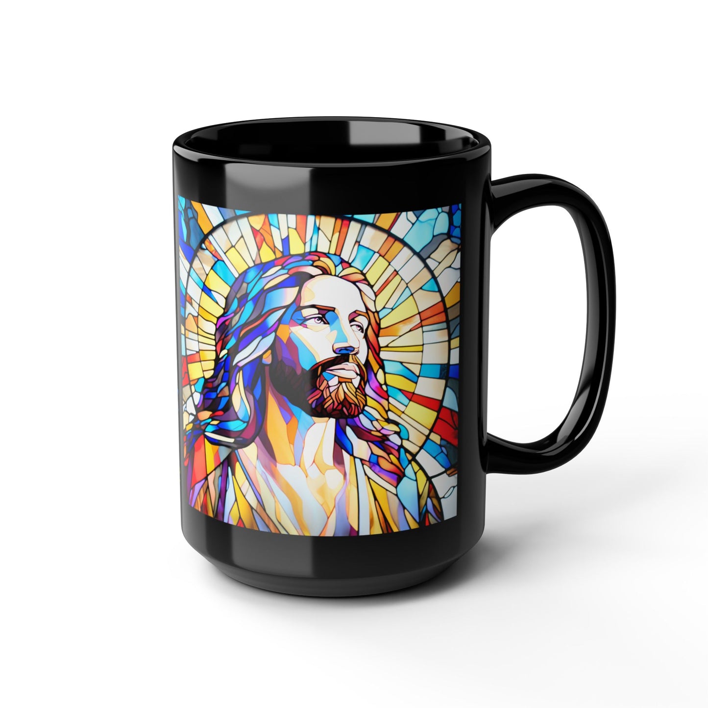 JESUS COFFEE MUG - John 8:12, Jesus Said I AM Stained-Glass Collection, 15 oz, black