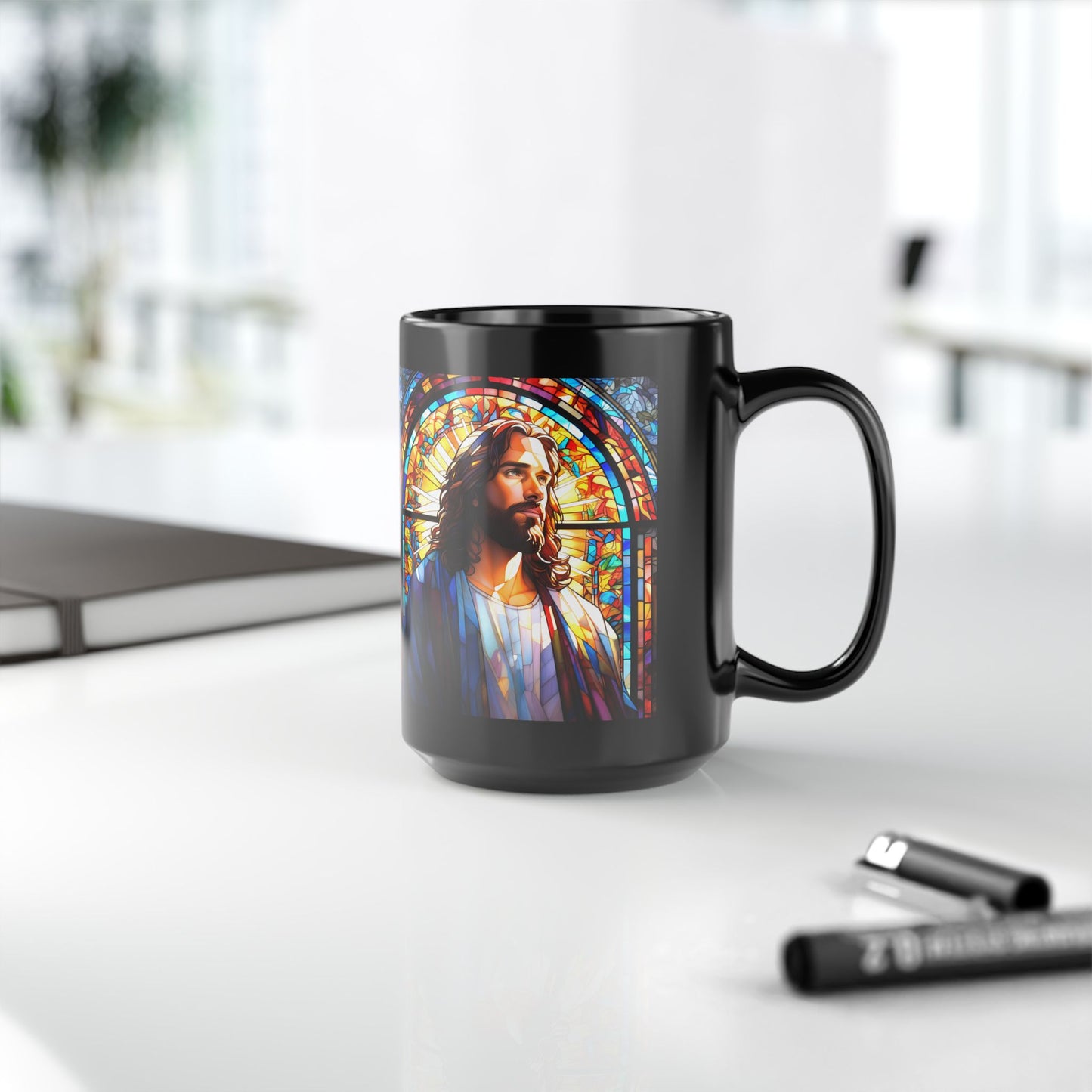 JESUS COFFEE MUG - John 10:9, Jesus Said I AM Stained-Glass Collection, 15 oz, black