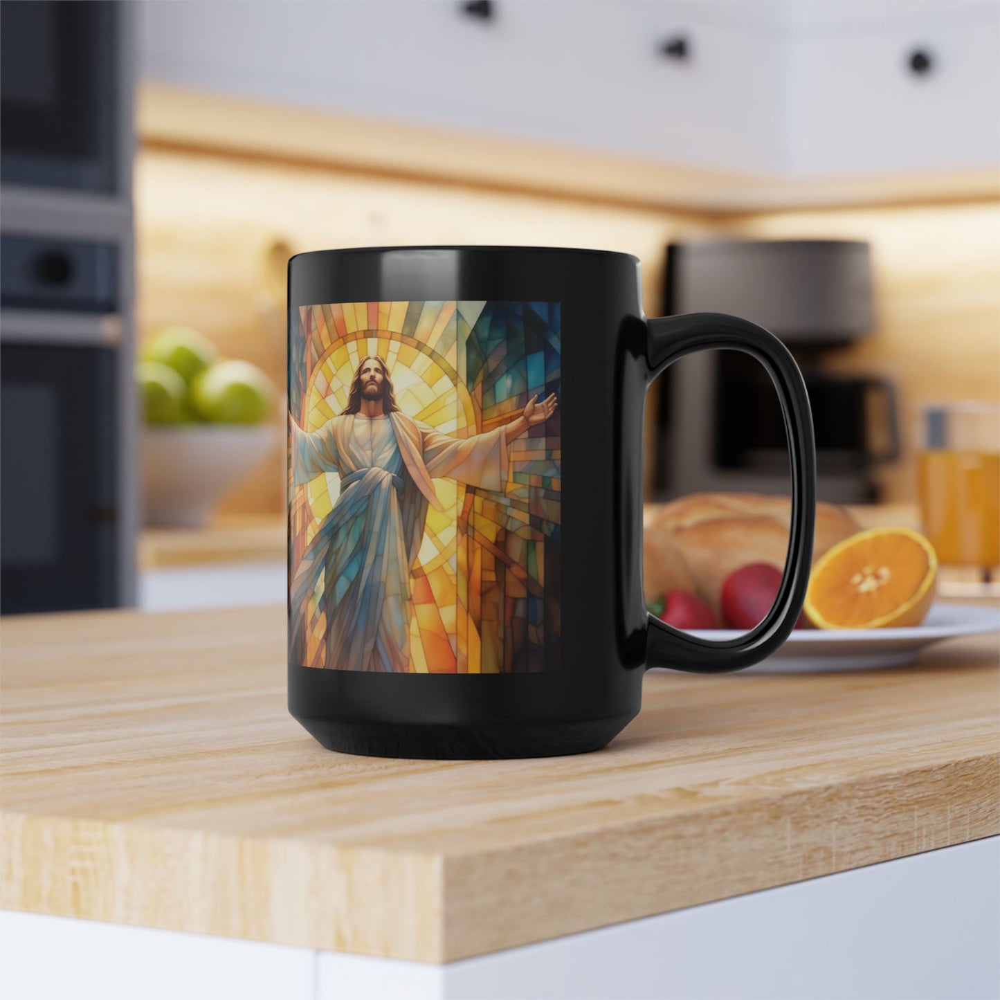 JESUS COFFEE MUG - John 8:12, Jesus Said I AM Stained-Glass Collection, 15 oz, black