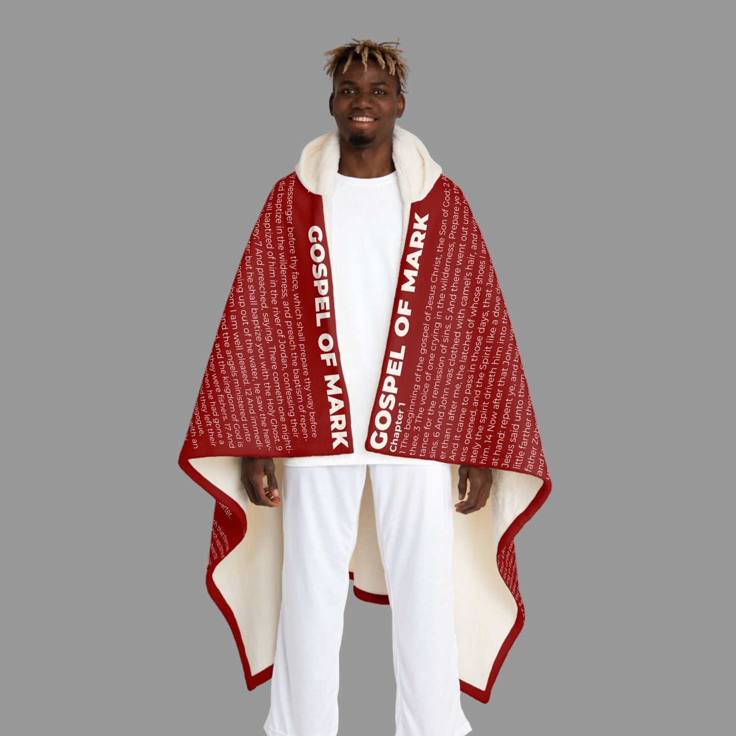 Gospel of Mark Hooded Sherpa Blanket – Ruby Red
