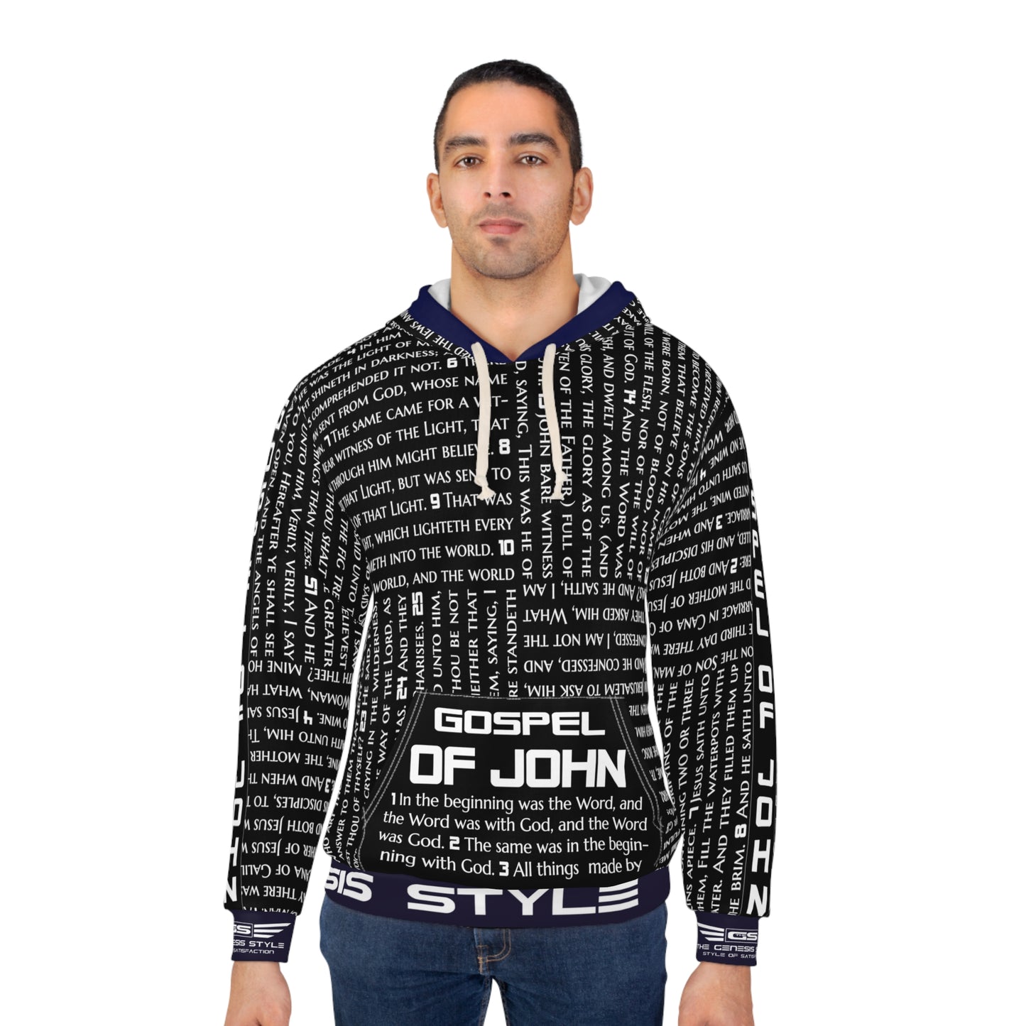 Gospels Pullover Hoodie, in Black Color, with Gospel of John Print, from "Four Gospels" Collection.