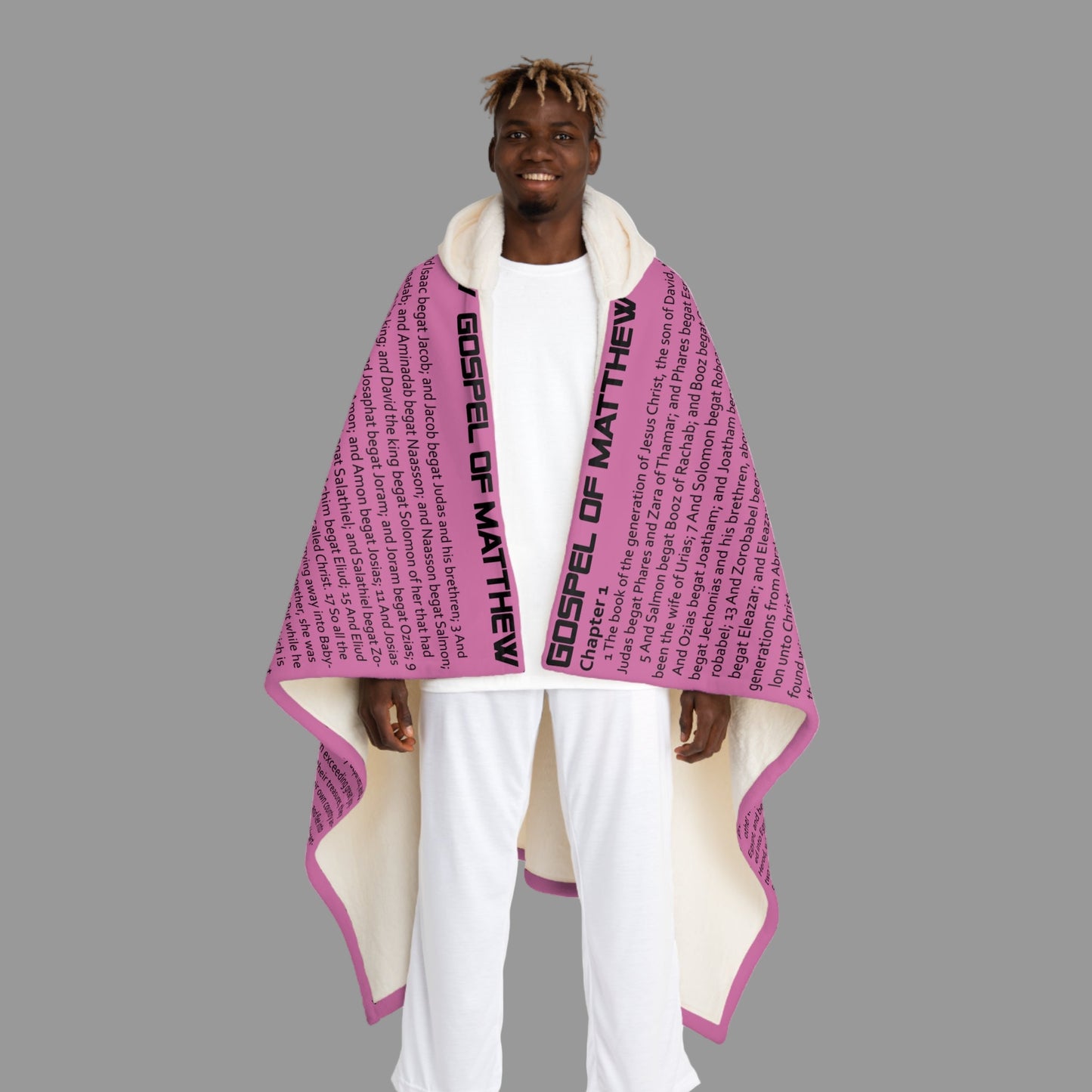 Gospel of Matthew Hooded Sherpa Blanket – Sky Magenta