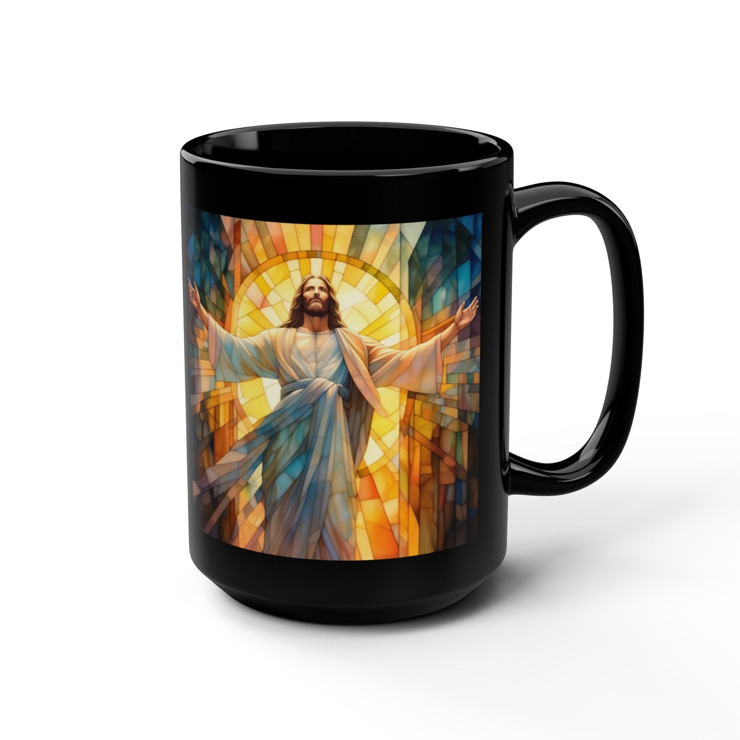 JESUS COFFEE MUG - John 8:12, Jesus Said I AM Stained-Glass Collection, 15 oz, black
