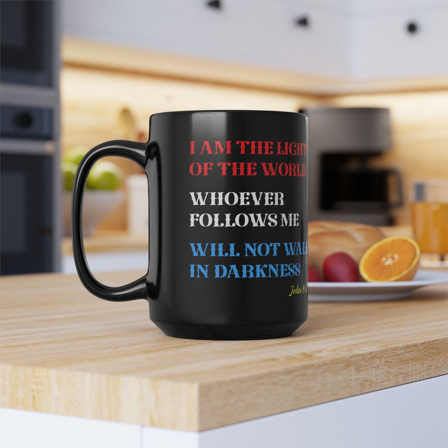 JESUS COFFEE MUG - John 8:12, Jesus Said I AM Stained-Glass Collection, 15 oz, black