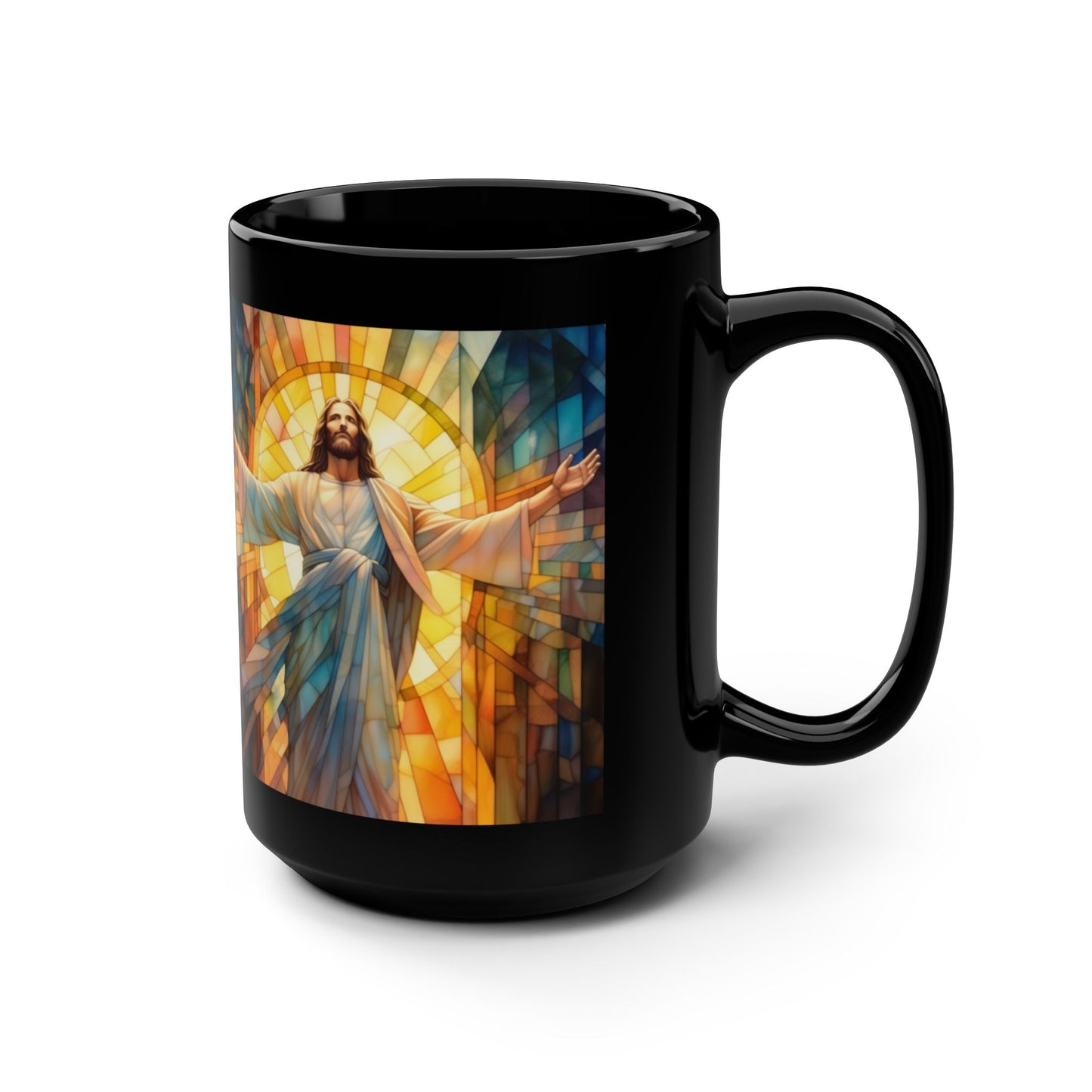 JESUS COFFEE MUG - John 8:12, Jesus Said I AM Stained-Glass Collection, 15 oz, black