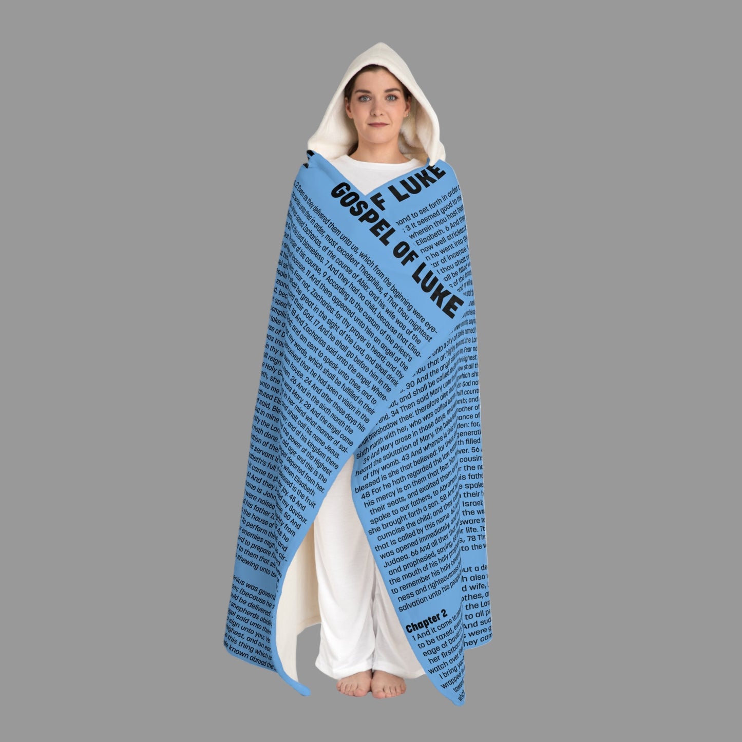 Gospel of Luke Hooded Sherpa Blanket – Sky Blue