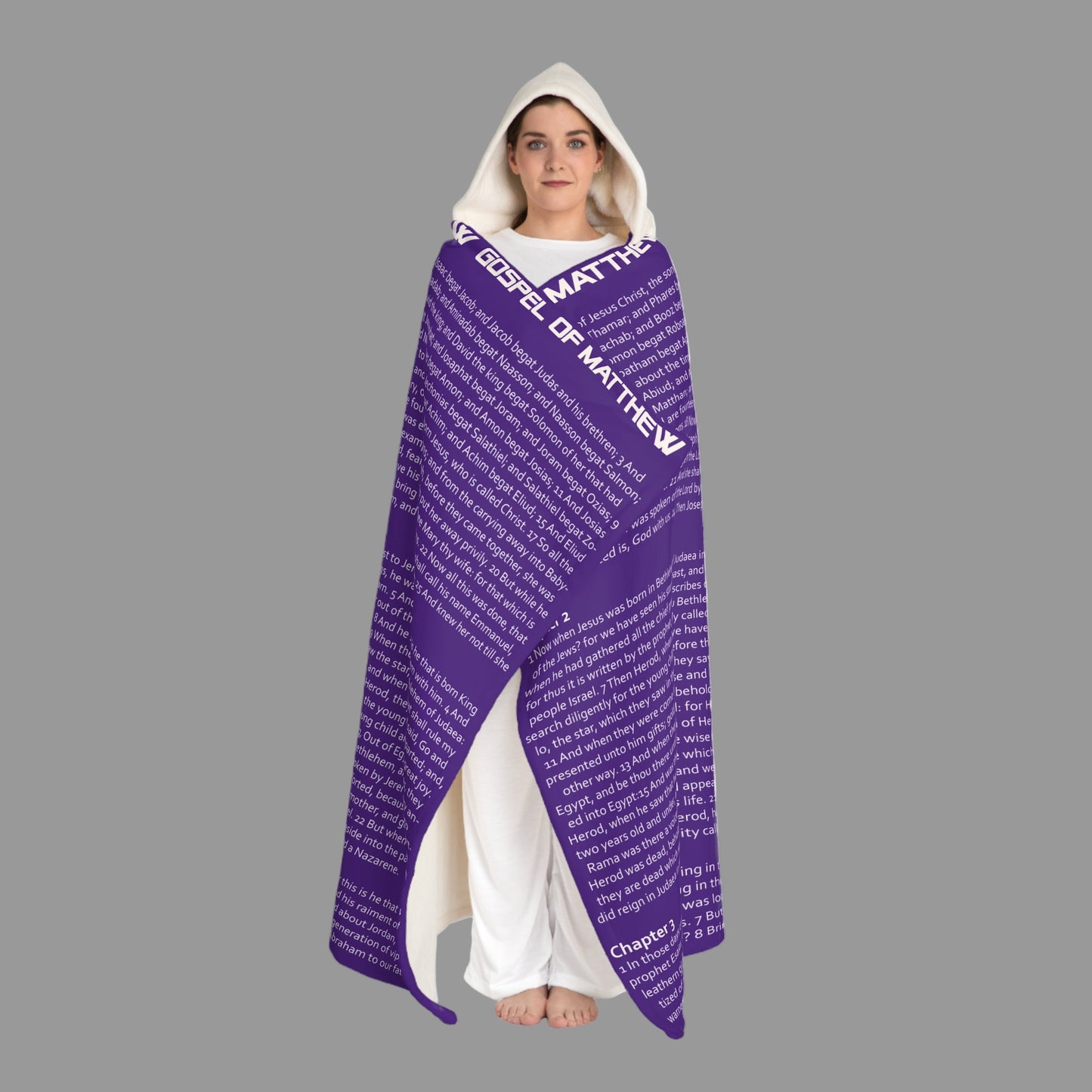 Gospel of Matthew Hooded Sherpa Blanket – Purple