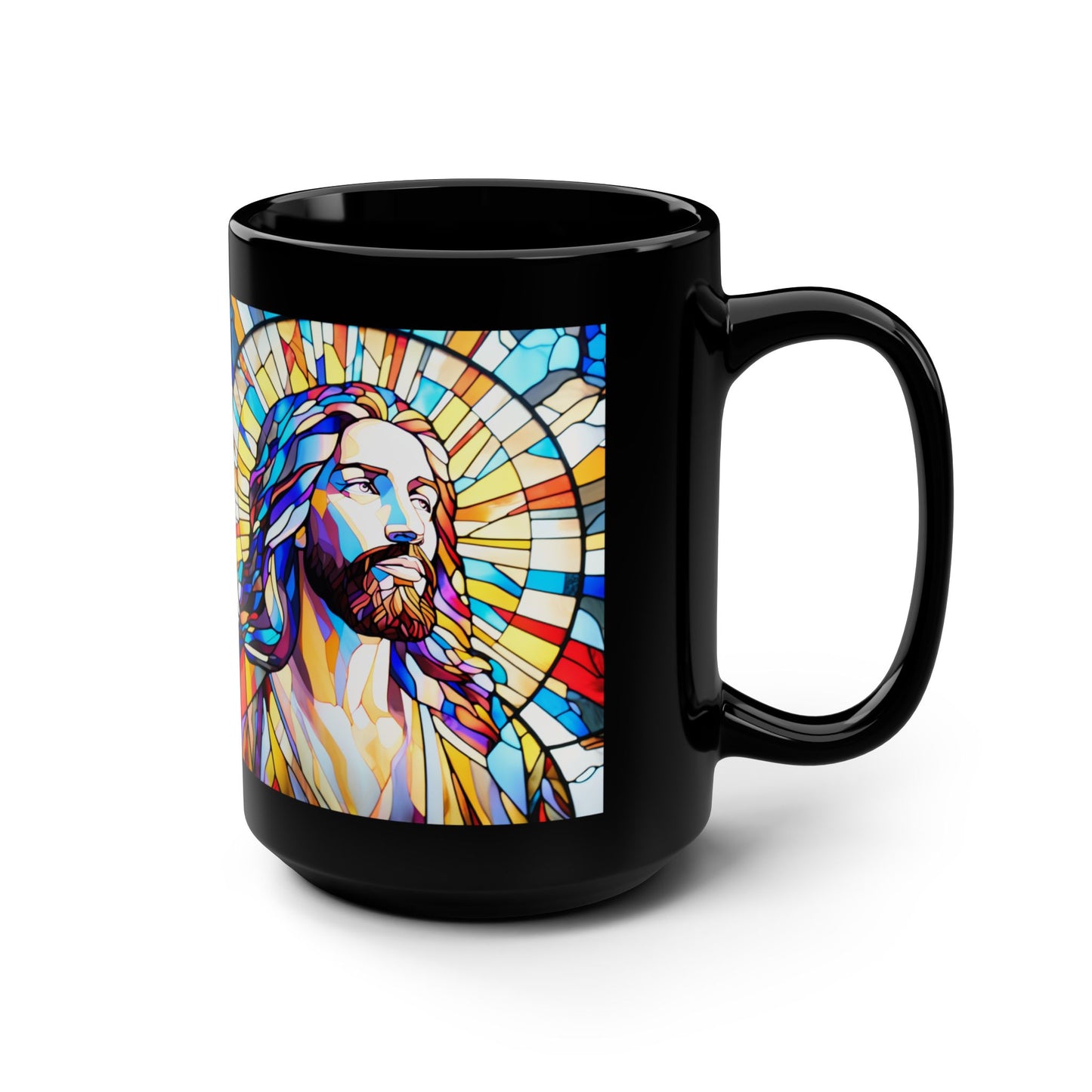 JESUS COFFEE MUG - John 8:12, Jesus Said I AM Stained-Glass Collection, 15 oz, black
