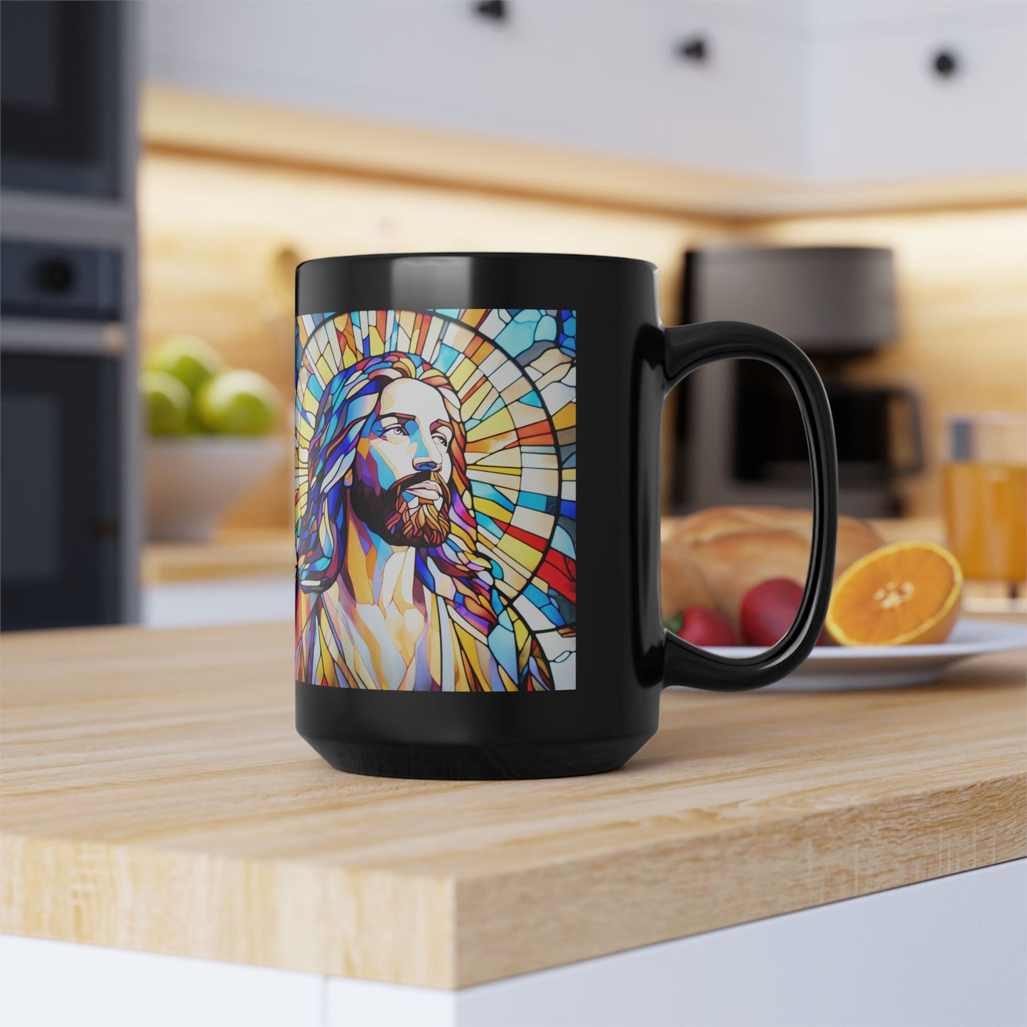 JESUS COFFEE MUG - John 8:12, Jesus Said I AM Stained-Glass Collection, 15 oz, black