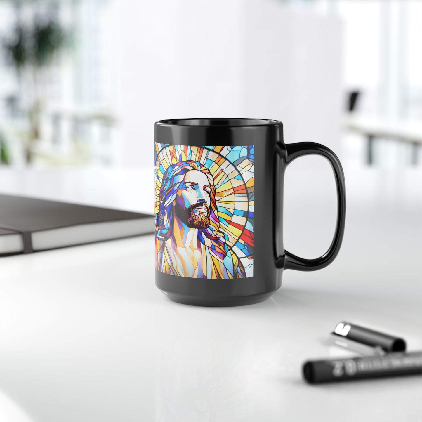 JESUS COFFEE MUG - John 8:12, Jesus Said I AM Stained-Glass Collection, 15 oz, black
