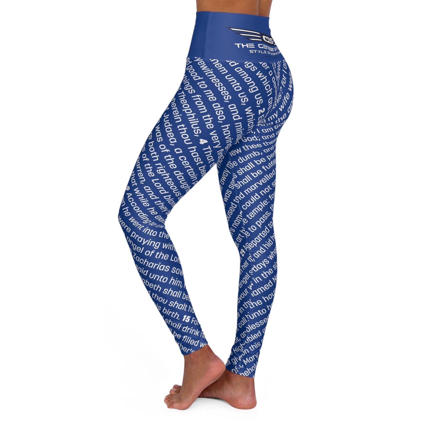 Luxury High Waisted Leggings for Prayer and Meditation, Running, or Exercise, in Blue Color, with Gospel of Luke Print, from "Four Gospels" Collection.