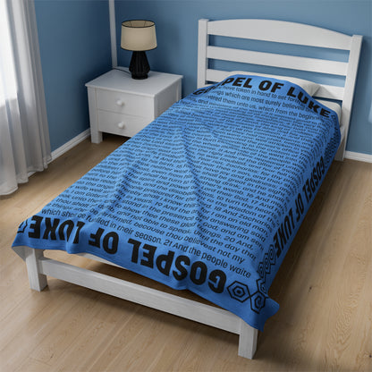 Gospel Plush Blanket, in Sky Blue Color, with Gospel of Luke Print, from "Four Gospels" Collection.
