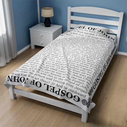 Gospel Plush Blanket, in White Color, with Gospel of John Print, from "Four Gospels" Collection.