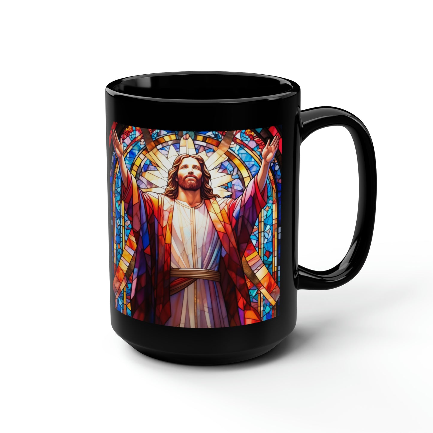 JESUS COFFEE MUG - John 15:5, Jesus Said I AM Stained-Glass Collection, 15 oz, black