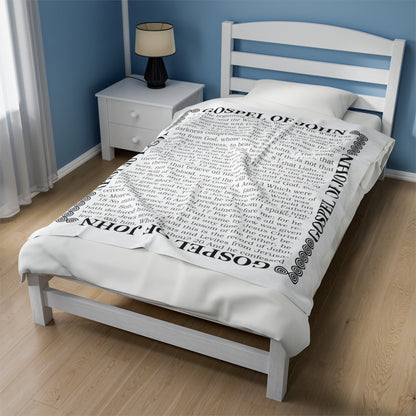 Gospel Plush Blanket, in White Color, with Gospel of John Print, from "Four Gospels" Collection.