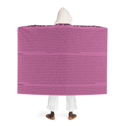 Biblical Hooded Sherpa Fleece Blanket, in Pink Color, with Gospel of Matthew Print, from "Four Gospel" Collection.