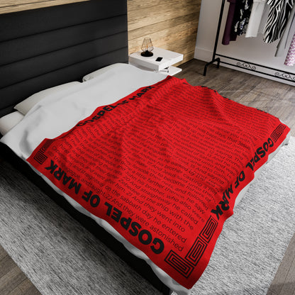 Gospel Plush Blanket, in Red Color, with Gospel of Mark Print, from "Four Gospels" Collection.