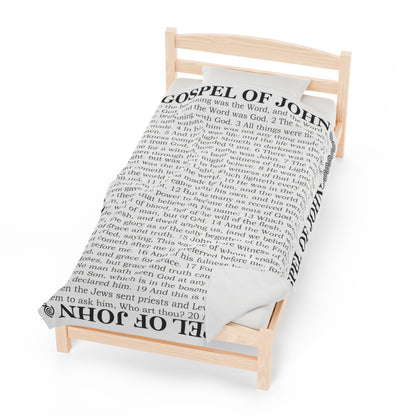 Gospel Plush Blanket, in White Color, with Gospel of John Print, from "Four Gospels" Collection.