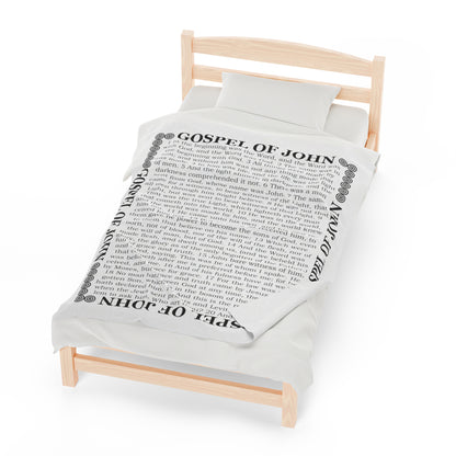 Gospel Plush Blanket, in White Color, with Gospel of John Print, from "Four Gospels" Collection.