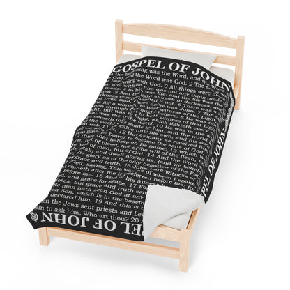 Gospel Plush Blanket, in Black Color, with Gospel of John Print, from "Four Gospels" Collection.
