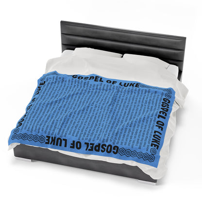 Gospel Plush Blanket, in Sky Blue Color, with Gospel of Luke Print, from "Four Gospels" Collection.