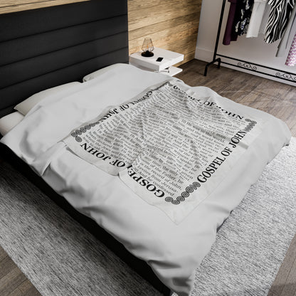Gospel Plush Blanket, in White Color, with Gospel of John Print, from "Four Gospels" Collection.
