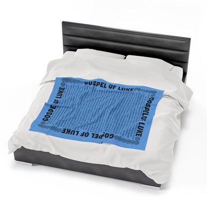 Gospel Plush Blanket, in Sky Blue Color, with Gospel of Luke Print, from "Four Gospels" Collection.