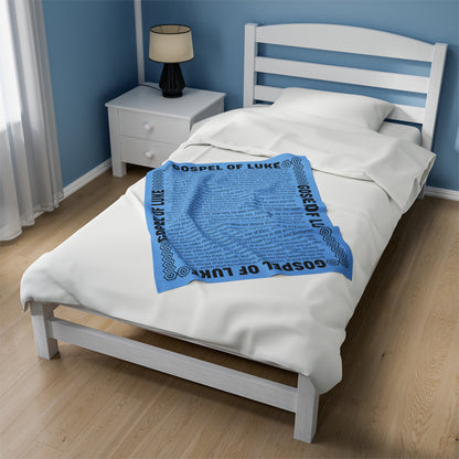 Gospel Plush Blanket, in Sky Blue Color, with Gospel of Luke Print, from "Four Gospels" Collection.