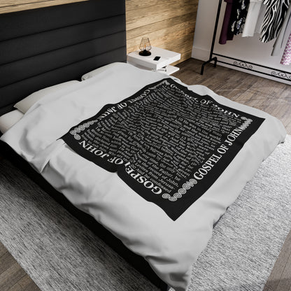 Gospel Plush Blanket, in Black Color, with Gospel of John Print, from "Four Gospels" Collection.
