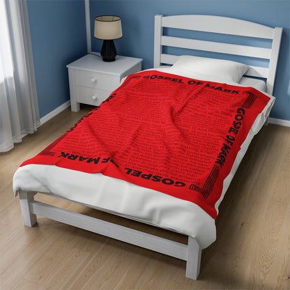 Gospel Plush Blanket, in Red Color, with Gospel of Mark Print, from "Four Gospels" Collection.