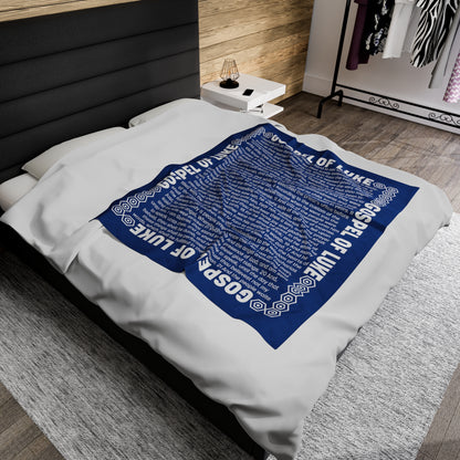 Gospel Plush Blanket, in Blue Color, with Gospel of Luke Print, from "Four Gospels" Collection.