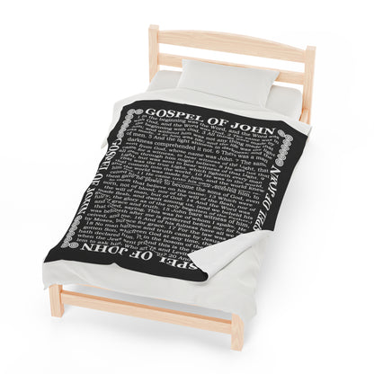 Gospel Plush Blanket, in Black Color, with Gospel of John Print, from "Four Gospels" Collection.