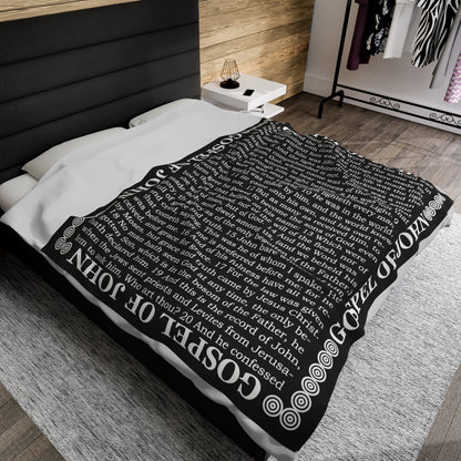 Gospel Plush Blanket, in Black Color, with Gospel of John Print, from "Four Gospels" Collection.