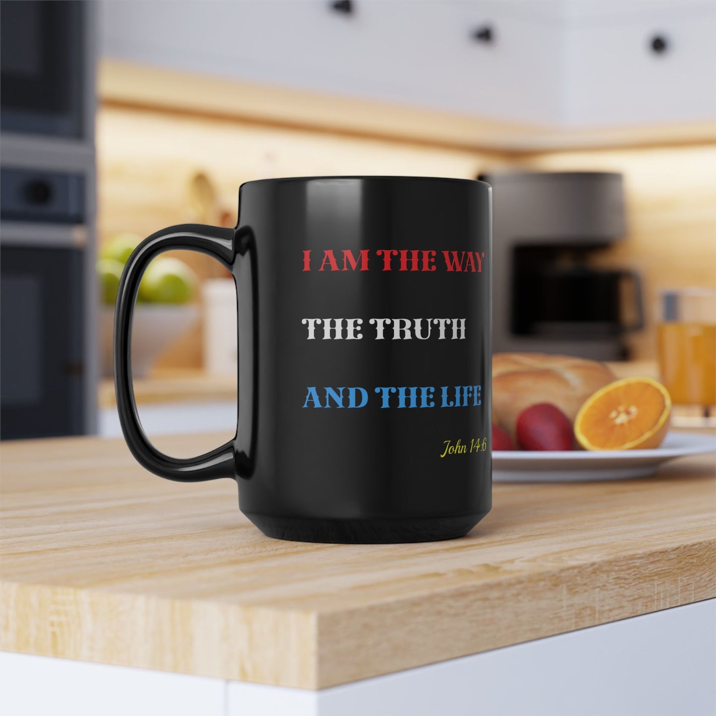 JESUS COFFEE MUG - John 14:6, Jesus Said I AM Stained-Glass Collection, 15 oz, black