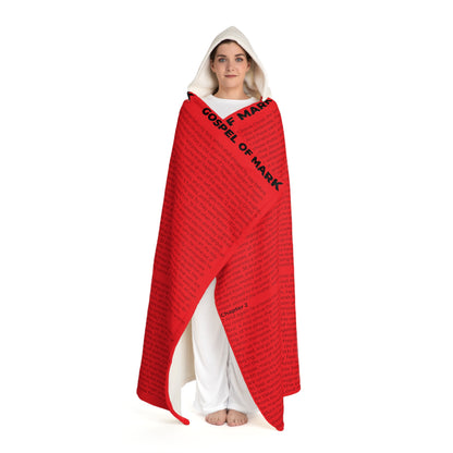 Biblical Hooded Sherpa Blanket, in Red Color, with Gospel of Mark Print, from "Four Gospels" Collection.
