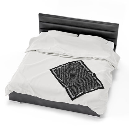 Gospel Plush Blanket, in Black Color, with Gospel of John Print, from "Four Gospels" Collection.