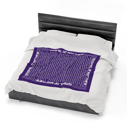 Gospel Plush Blanket, in Purple Color, with Gospel of Mathew Print, from "Four Gospels" Collection.