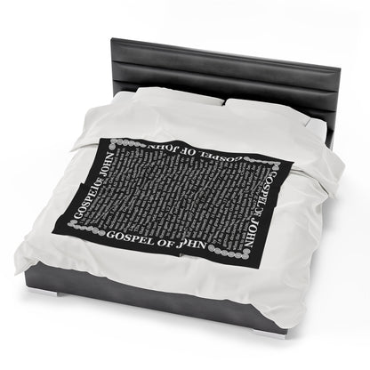 Gospel Plush Blanket, in Black Color, with Gospel of John Print, from "Four Gospels" Collection.