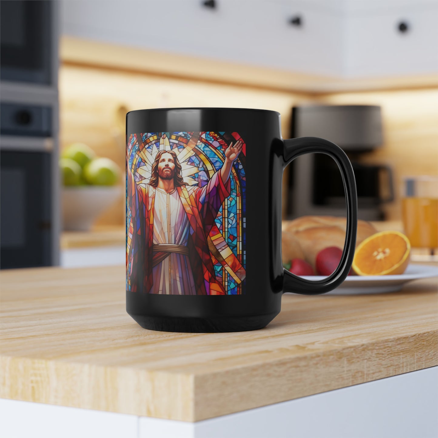 JESUS COFFEE MUG - John 15:5, Jesus Said I AM Stained-Glass Collection, 15 oz, black