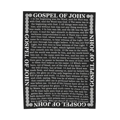 Gospel Plush Blanket, in Black Color, with Gospel of John Print, from "Four Gospels" Collection.