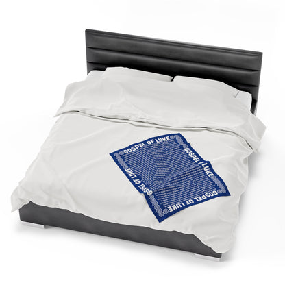 Gospel Plush Blanket, in Blue Color, with Gospel of Luke Print, from "Four Gospels" Collection.