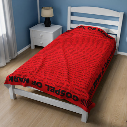 Gospel Plush Blanket, in Red Color, with Gospel of Mark Print, from "Four Gospels" Collection.