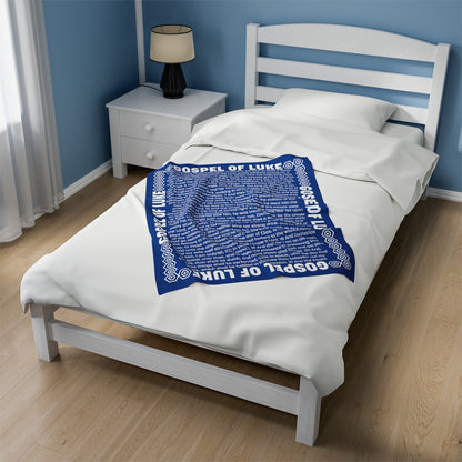 Gospel Plush Blanket, in Blue Color, with Gospel of Luke Print, from "Four Gospels" Collection.
