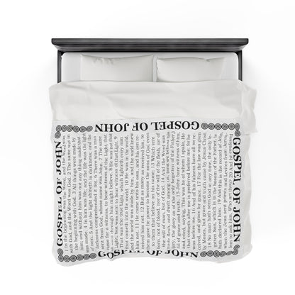 Gospel Plush Blanket, in White Color, with Gospel of John Print, from "Four Gospels" Collection.