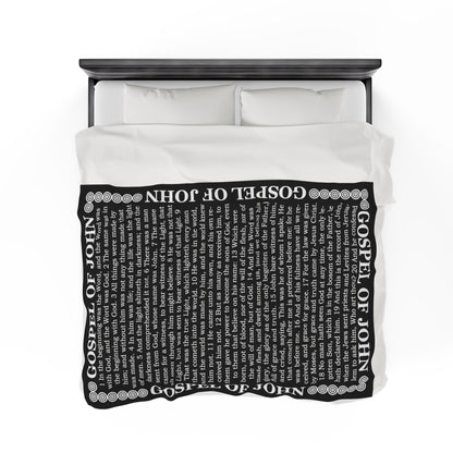 Gospel Plush Blanket, in Black Color, with Gospel of John Print, from "Four Gospels" Collection.