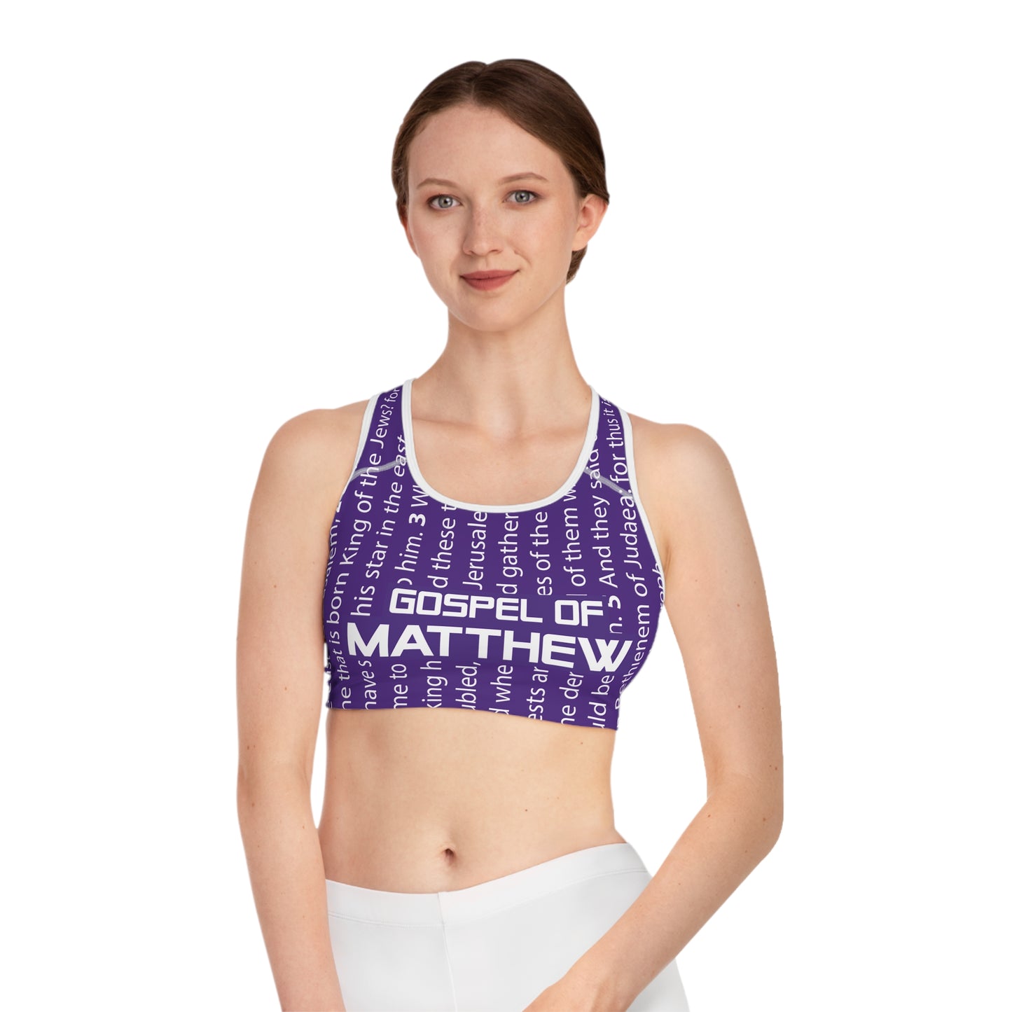 Gospel of Matthew Sports Bra, Inspirational Workout Top, Fitness Apparel, Christian Activewear, Women’s Sportswear